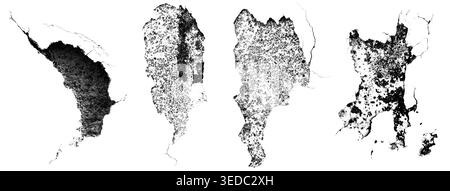 Black and white photo of abstract damaged concrete wall holes set isolated on white background front view Stock Photo
