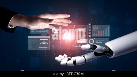 AI assists in creating intelligent automation systems that integrate robotics, analytics, and data-driven processes to increase productivity and Stock Photo