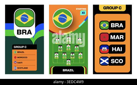 Brazilian National Football Team 2026 worlds football tournament group stage announcement and starting lineup presentation graphics template, dynamic Stock Vector