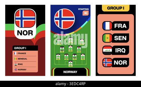 Norway National Team Group I Graphics for Worlds 2026 Football Tournament Showcasing Lineup and Standings with Flags, Exciting Sports Presentation.. Stock Vector