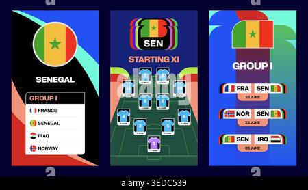 Senegal national football team worlds 2026 football tournament, presenting group stage, starting lineup, and match schedule graphics for global compet Stock Vector