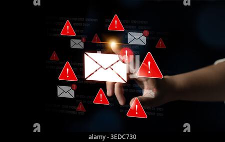 Concept of a cybersecurity warning for unsafe email communication. This alert signifies a phishing attack, spam, or malware risk that requires Stock Photo