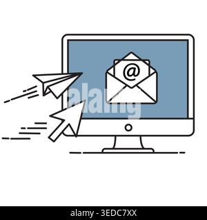 Email Communication Concept with Paper Planes and Computer Screen Stock Vector