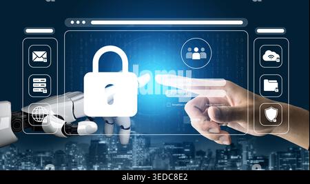 A futuristic illustration showcasing the interaction between a human hand and a robotic hand, emphasizing cyber security elements and digital privacy Stock Photo
