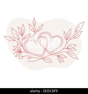 Minimalist Line Art of Two Hearts with Leaves and Branches Stock Vector