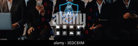 A group of business professionals engaged in digital security practices, showcasing AI technology and cybersecurity elements in a modern workspace Stock Photo