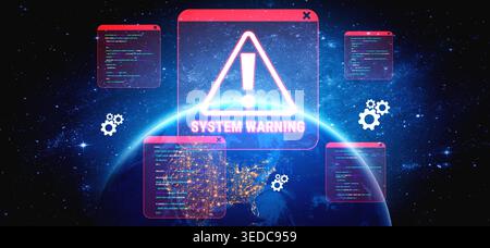 Digital Alert Signage Displayed in Space, Warning of System Errors and Technical Issues Over Earth with Programming Code in Background Haptic. Stock Photo