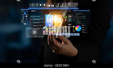 Innovative Concept of Digital Interface with Light Bulb Symbolizing New Ideas and Technology Development in Modern Business and Creativity Fluxor. Stock Photo