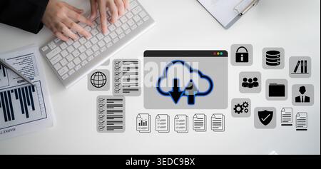 Cloud upload and download icon with surrounding data management, security, and analytics icons in digital interface Parse Stock Photo