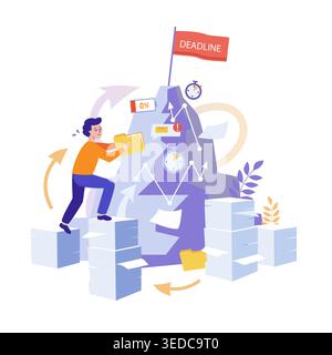 Deadline. Office employee climbs to top of tasks. Vector illustration for burnout concept, work stress, time management failure. Stock Vector