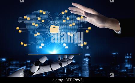 Advanced Technology Concept of Data Sharing and Security with Robot Hand and Human Hand in a Digital World Network Fluxor. Stock Photo
