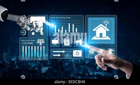 A robotic hand engages with a futuristic smart home interface, showcasing energy usage data, solar output statistics, and control options for Stock Photo