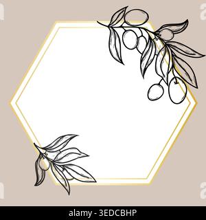Vector hexagonal frame with golden line and olive branch sketch. Elegant template for social media post, label design, and wedding invitation. Stock Vector