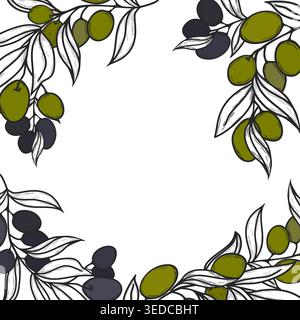 Vector square frame decorated with green and black olive branches. Botanical template for social media, product packaging, and organic food label. Stock Vector