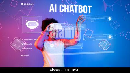 Discover an engaging virtual reality experience showcasing an AI chatbot interface designed for personal assistance, learning, and automation in user Stock Photo