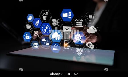 Cloud backup system connects devices through a secure data backup network. Data backup ensures protection, data backup reliability, and recovery Stock Photo