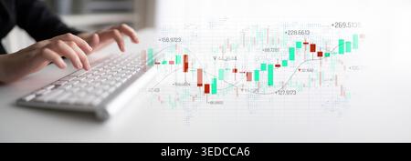 Hands Typing on Keyboard with Stock Market Graph and Cryptocurrency Chart Illustration in Modern Office Background Sigmoid Stock Photo