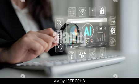 Professional Business Person Using Magnifying Glass to Explore AI Data on Digital Screen in Modern Office Environment with Futuristic Icons Quark. Stock Photo