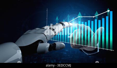 Futuristic Robotic Hand Reaching Towards Data Visualization with Rising Graph and Digital Elements for Technology and Innovation Themes Haptic. Stock Photo