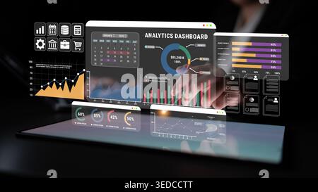 Modern analytics dashboard display with interactive charts and graphs showcasing business data and performance metrics in dark environment Haptic. Stock Photo
