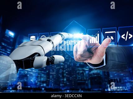 Futuristic Concept of Human-Robot Interaction in Technology with Hands Touching a Digital Interface in a Urban City Background Quark. Stock Photo