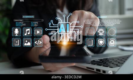 Abstract representation of artificial intelligence technology on a smartphone with digital icons showcasing various AI functions and capabilities Stock Photo