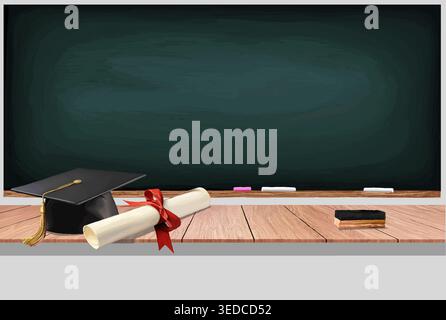 Vector drawing of a blackboard with a wooden desk in front of it, and on top of that desk are a cap, diploma, and eraser. Stock Vector