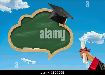 Vector drawing of a cloud-shaped speech blackboard.Drawing of a hand, holding a diploma with a red ribbon. Stock Vector