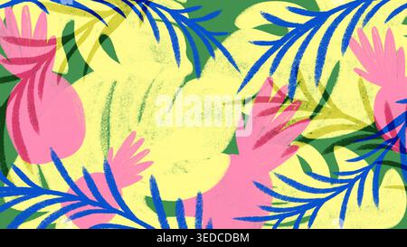 Horizontal hand drawn tropical pineapples and blue palm trees on green summer background. Stock Photo