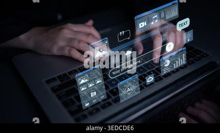 Prompt driven AI interface enabling text, image vision, audio and media video data neural asset and tool in smart creation chat workspace edit. Future Stock Photo