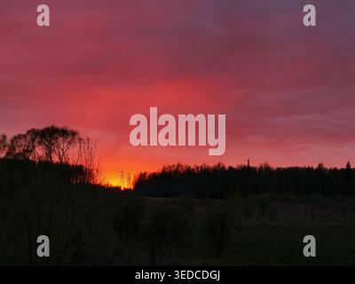 Dramatic red sunset sky over field with forest silhouette and power lines Stock Photo