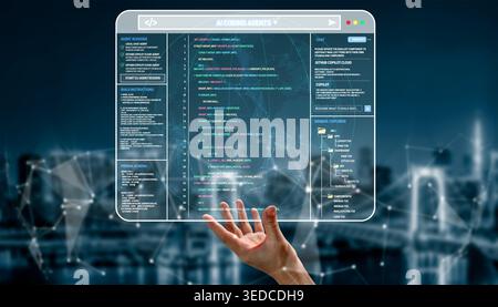 Futuristic Interface with AI Coding Agents Displayed on Transparent Screen in Hand over Technological City Background Quark. Stock Photo