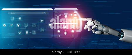 Futuristic Digital Interface Display with AI Concepts and Robotic Hand Interaction in Technology Background Fluxor. Stock Photo