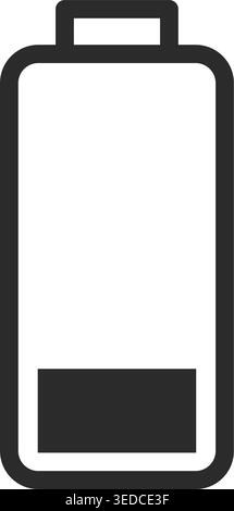 Minimal black and white battery icon with one bar indicating low charge level. Clean simple design with clear shape and strong contrast. Isolated on t Stock Vector