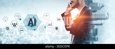 Businessman Talking on Phone with AI Concept Background Illustrating Digital Transformation and Innovation in Modern Technology and Communication Stock Photo