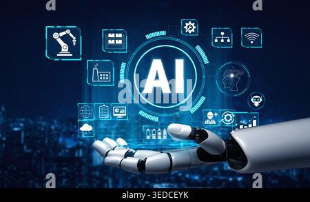 Futuristic robotic hand showcasing artificial intelligence concept with digital icons and interface against a high-tech background Quark. Stock Photo