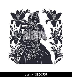 Art nouveau poster with woman brushing very long hair and lily flower frame vector illustration Stock Vector