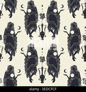 Beautiful long hair woman holding sun and half moon black and white seamless pattern vector illustration Stock Vector