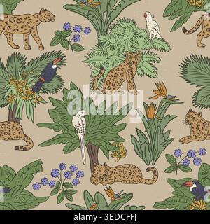 Vintage jaguars jungle seamless pattern. Hand drawn toucans and parrots on tropical palms. Bird of paradise flower botanicals Stock Vector