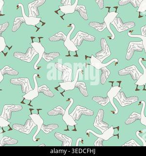 Hand drawn ink line art swan with spread wings seamless pattern on sage green background Stock Vector
