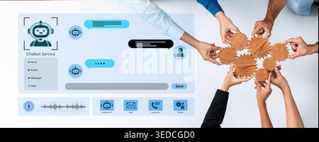 Modern AI chatbot service dashboard featuring 24 7 automated AI support, voice recognition, and omnichannel NLP AI communication. Customer experience Stock Photo