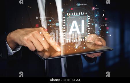 A technical diagram illustrating the core capabilities of Artificial Intelligence. This includes machine learning, robotics, speech recognition, and Stock Photo