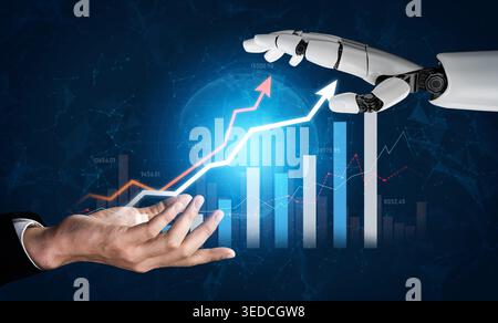 Human and Robot Collaboration in Business with Graphs and Charts Illustrating Growth and Success in Modern Technology and Innovation Scalp. Stock Photo
