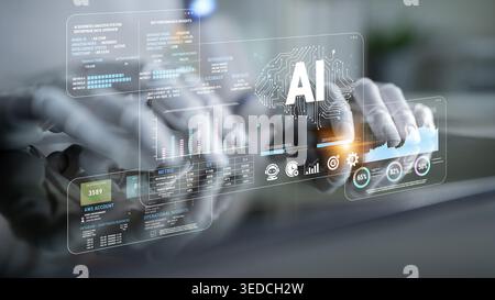 Futuristic Robot Hands Interacting with Display of AI Data and Analytics in High-Tech Environment Showcasing Advanced Technology and Connectivity Stock Photo