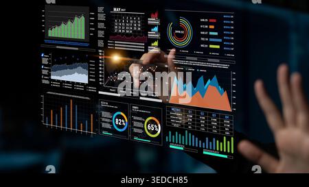 Detailed Visualization of Business Analytics and Data Metrics on a Transparent Digital Screen Showing Growth and Performance Insights Fluxor. Stock Photo