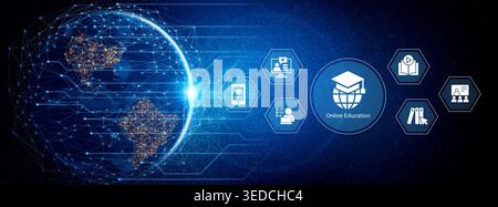 A visually striking image representing global online education through digital connections and icons, showcasing diverse learning opportunities and Stock Photo