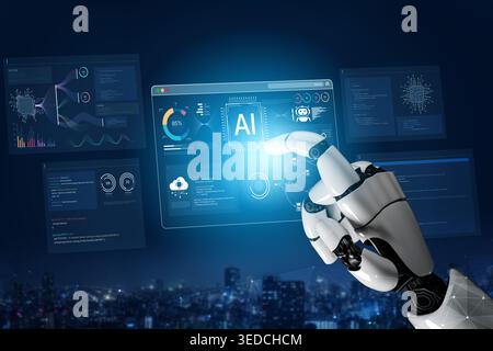A generative AI assistant displays its own development environment. This platform shows the tools used for coding algorithms, training machine Stock Photo