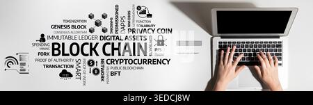 A person typing on a laptop surrounded by terms related to blockchain technology, highlighting concepts such as cryptocurrency, digital assets, and Stock Photo