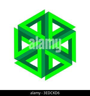 Green impossible hexagon. Triangle paradox Vector. Abstract optical illusion. Geometric emerald symbol. Stock Vector