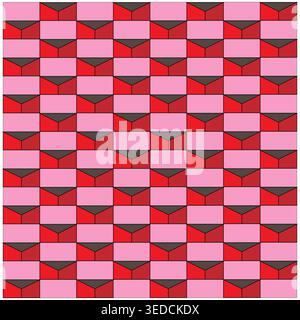 Detailed geometric pattern. Block tile set Vector. Pink red color. Isometric view illustration. Stock Vector